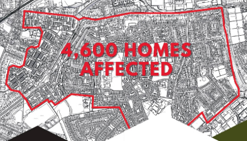 Map highlighting homes affected by the proposed redevelopment